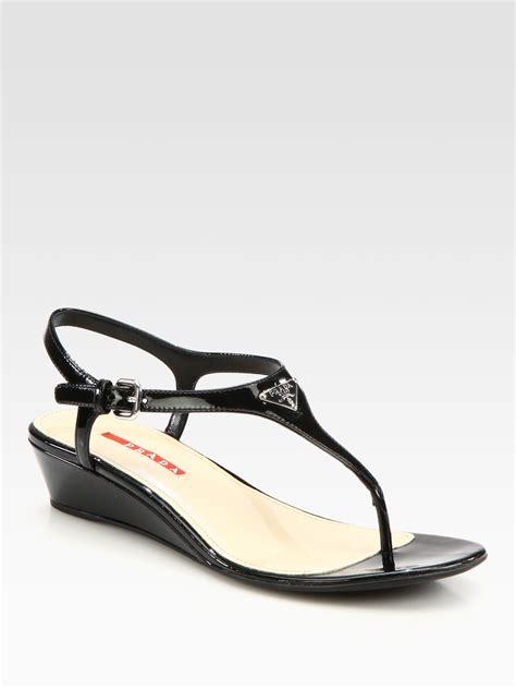 prada logo patent sandal|prada thong wedge sandals.